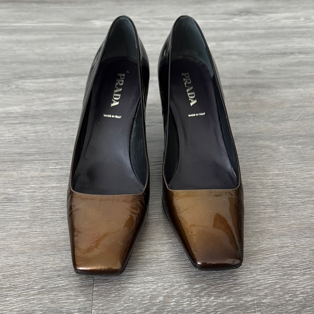 Prada Brown and Gold Ombré Patent Leather Square-Toed Heels